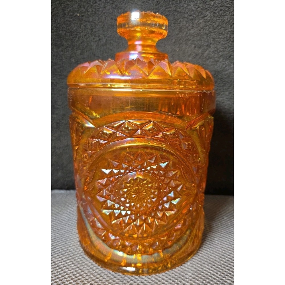 Vntg Imperial Glass Hobstar Marigold Carnival Glass Biscuit/Cookie Jar W/lid